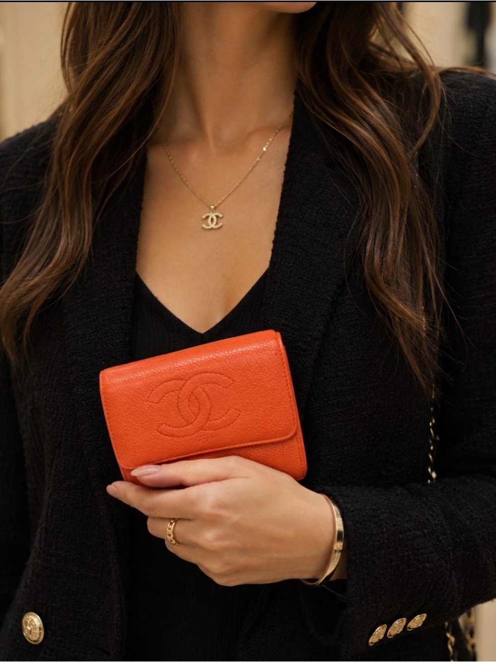 Chanel CC Caviar Pebbled Logo trifold Compact Wallet Coral w/ authenticity card